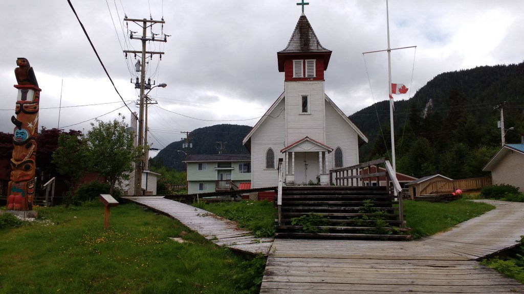 Hartley Bay Church and Totem.Photo Ray Penson