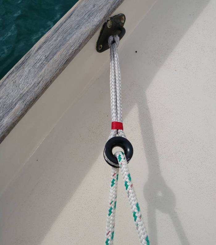 Dynema loop and low friction ring as turning block for boom preventer Photo Ray Penson