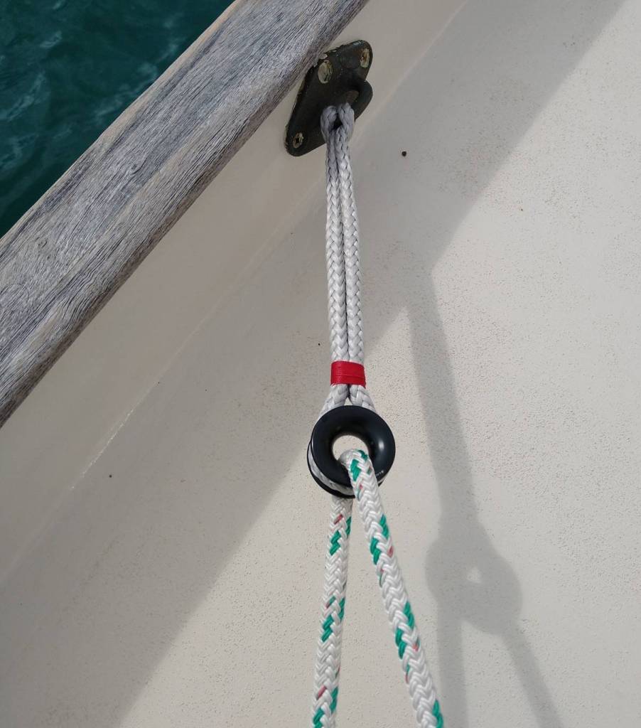 Dynema loop and low friction ring as turning block for boom preventer Photo Ray Penson