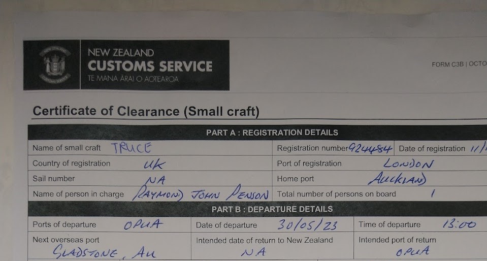 Truce Outward Clearance from New Zealand. Photo Ray Penson