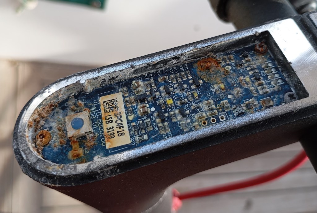 Electric Scooter dashboard shows the destructive power of a saltwater environment. Photo Ray Penson