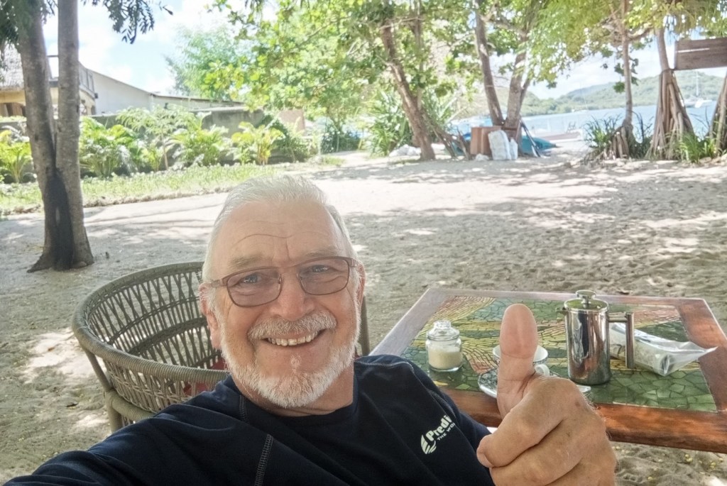 Birthday Boy having a morning coffee. Photo Ray Penson