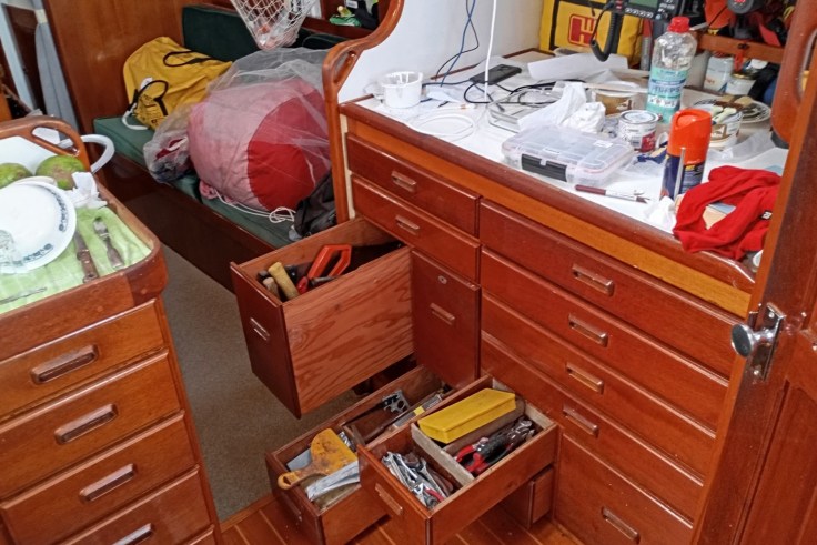 Boat chaos and stuff everywhere. Photo Ray Penson