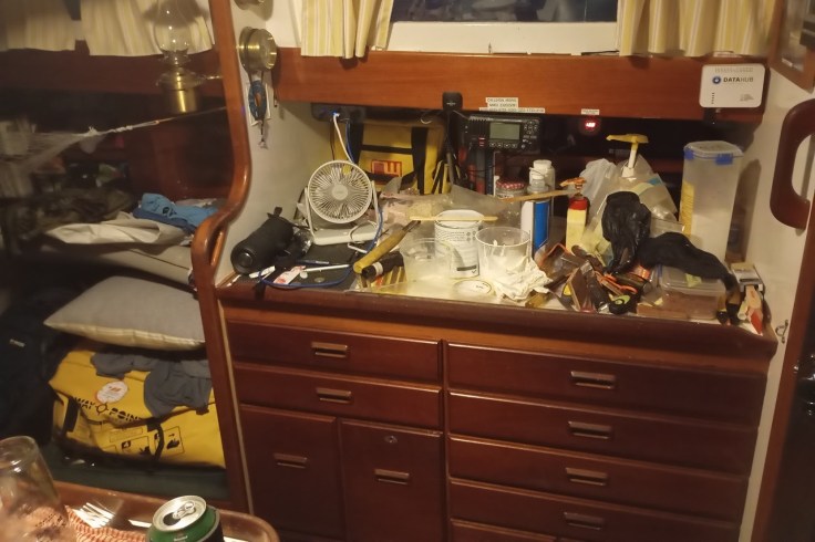 Onboard boat chaos as I undertake some serious repairs. Photo Ray Penson