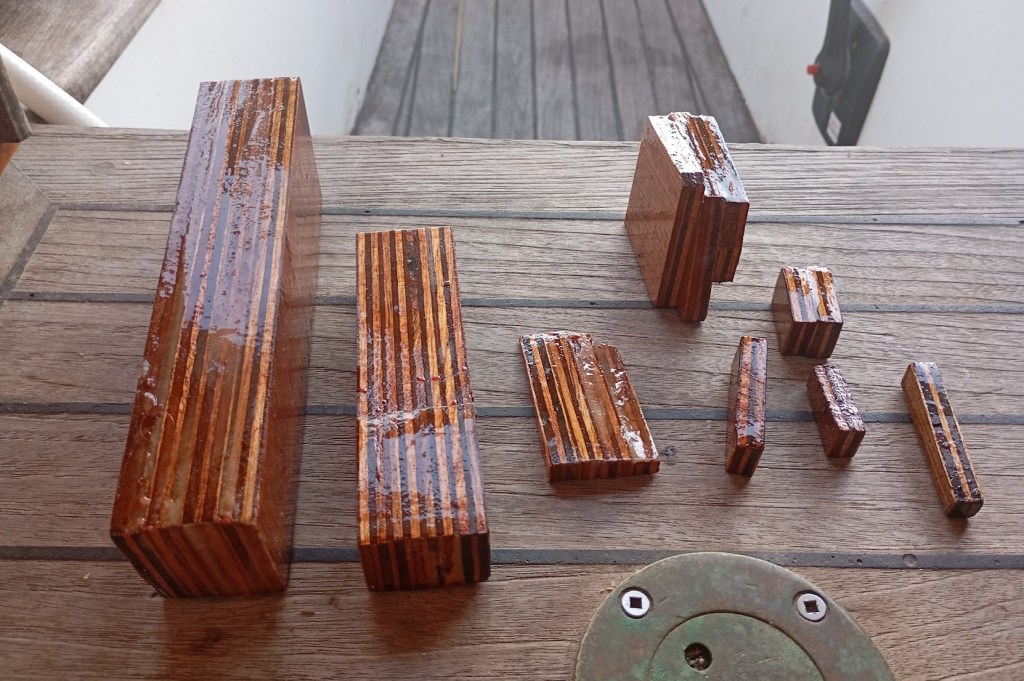 Plywood fillets epoxy glued and coated, ready to fit the jigsaw puzzle. Photo Ray Penson