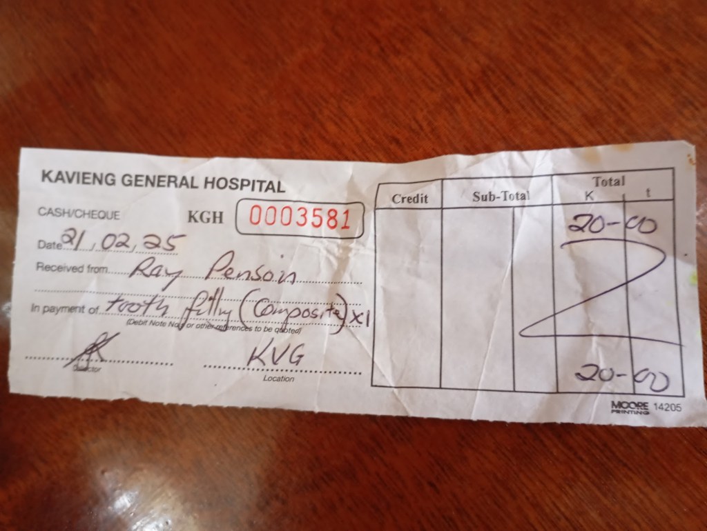 Kavieng Dental Bill, about NZ$20. Photo Ray Penson