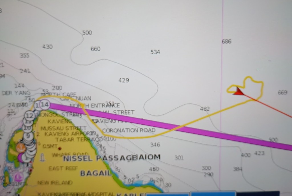 Struggling to depart Kavieng, butting wind and current.